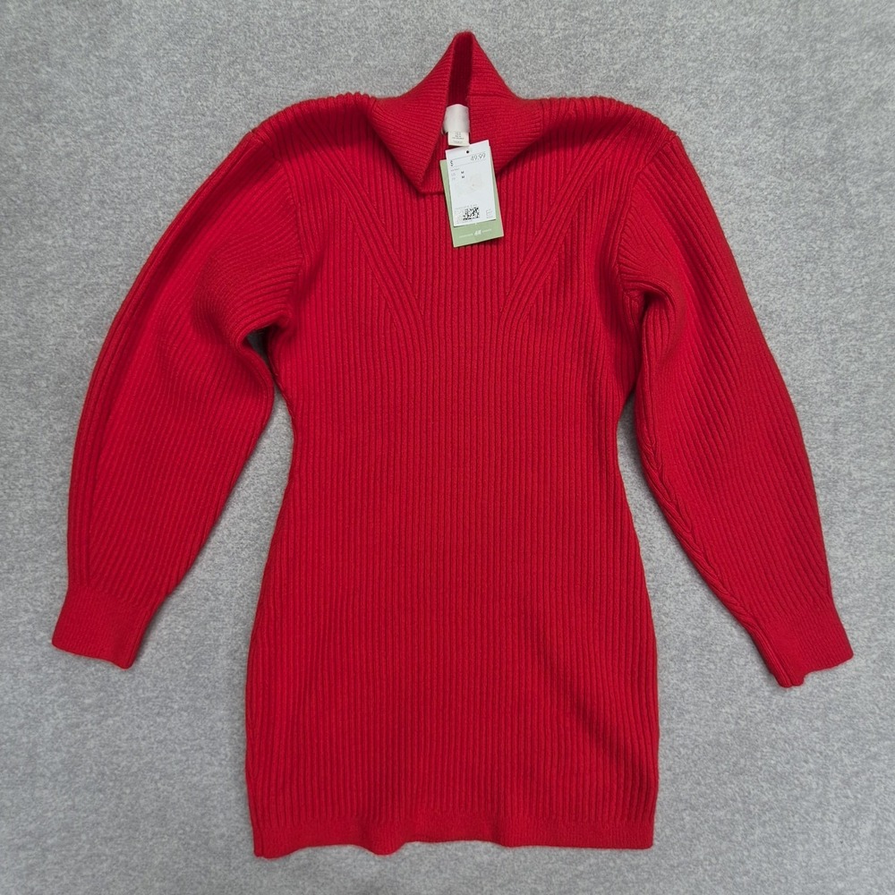 HM Red Chunky Knit Sweater Dress Womens Medium M Oversized Holiday Winter Cozy